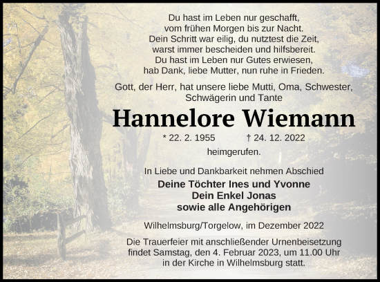 Traueranzeige von Hannelore Wiemann von Haff-Zeitung