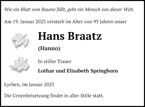 Traueranzeige von Hans Braatz von Templiner Zeitung