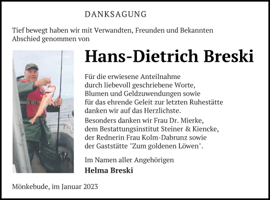 Traueranzeige von Hans-Dietrich Breski von Haff-Zeitung