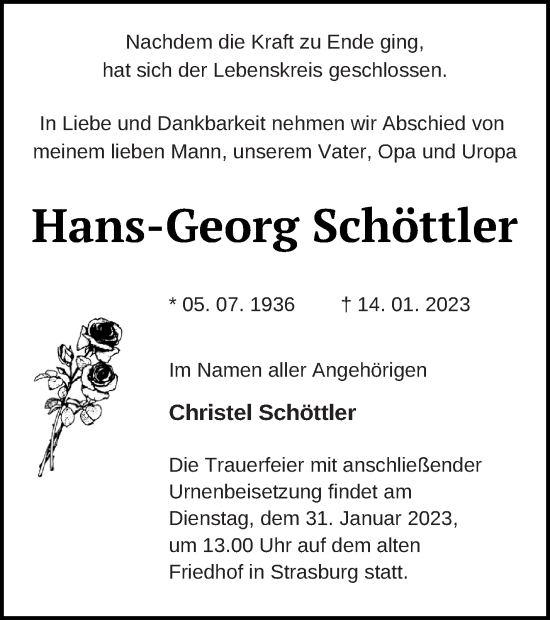 Traueranzeige von Hans-Georg Schöttler von Pasewalker Zeitung