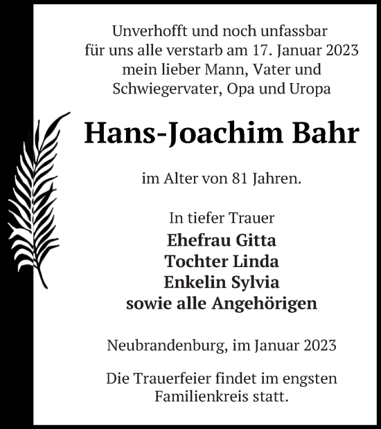 Traueranzeige von Hans-Joachim Bahr von Neubrandenburger Zeitung