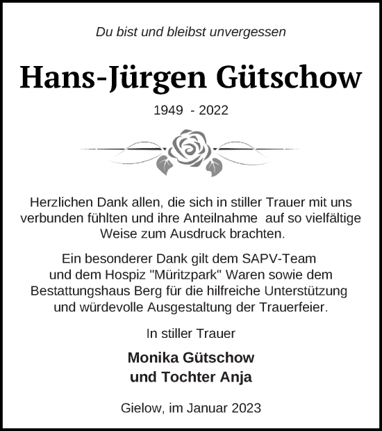 Traueranzeige von Hans-Jürgen Gütschow von Mecklenburger Schweiz