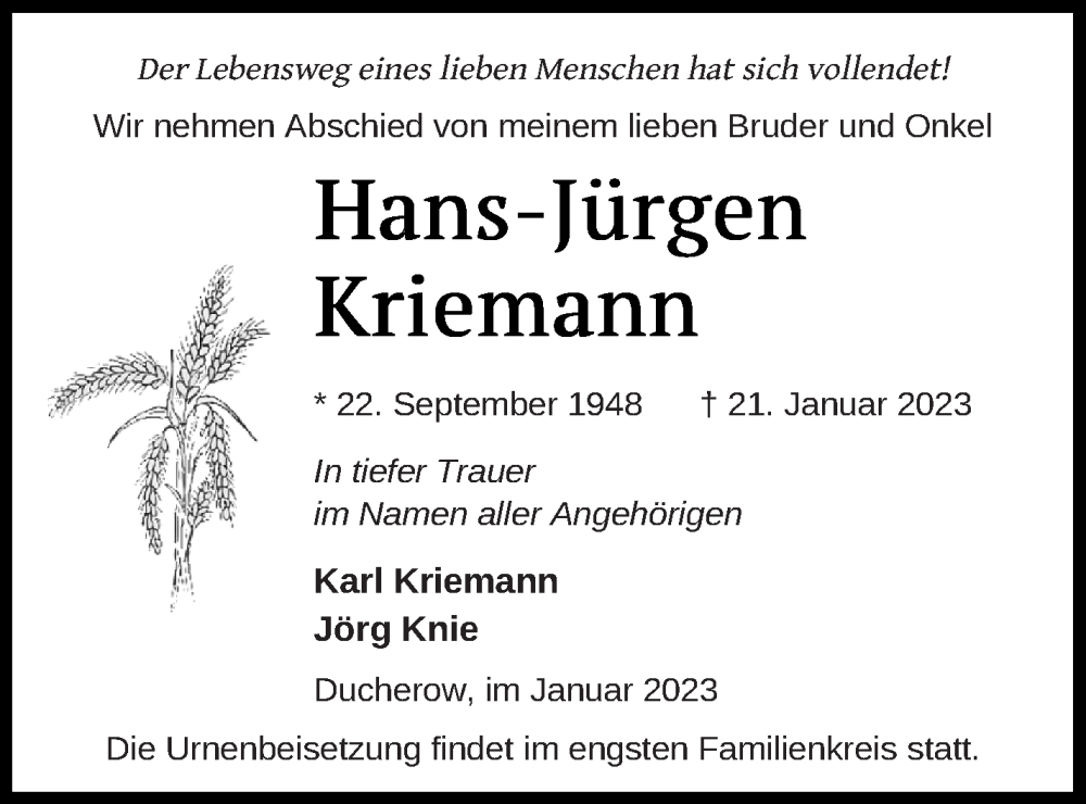  Traueranzeige für Hans-Jürgen Kriemann vom 28.01.2023 aus Vorpommern Kurier