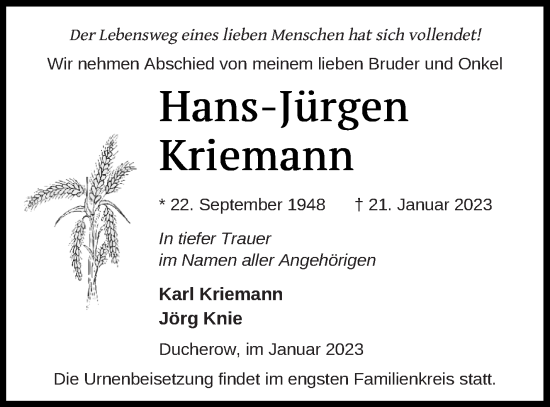 Traueranzeige von Hans-Jürgen Kriemann von Vorpommern Kurier