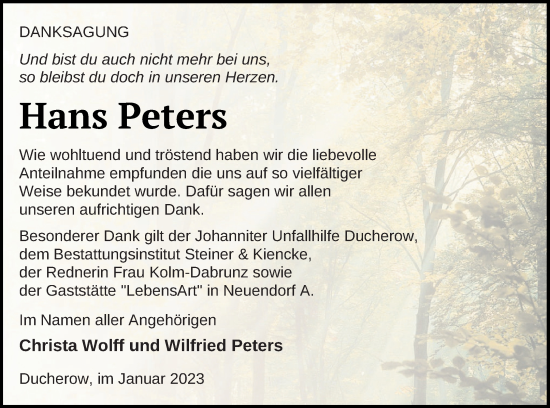 Traueranzeige von Hans Peters von Vorpommern Kurier