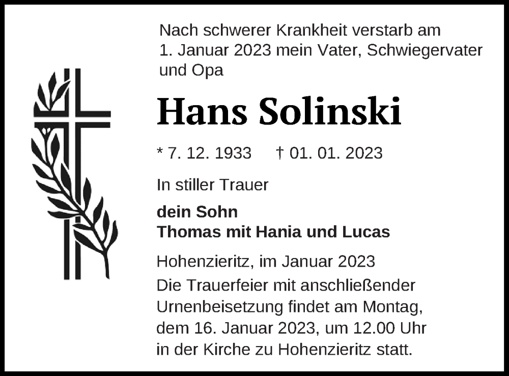  Traueranzeige für Hans Solinski vom 04.01.2023 aus Strelitzer Zeitung