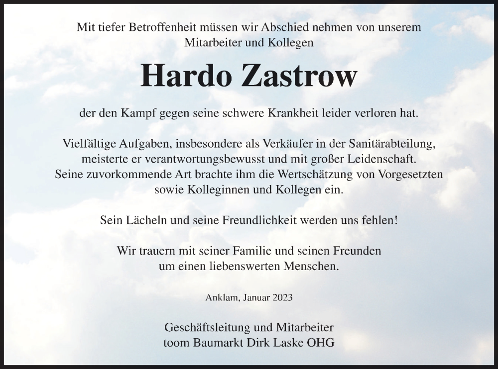  Traueranzeige für Hardo Zastrow vom 28.01.2023 aus Vorpommern Kurier