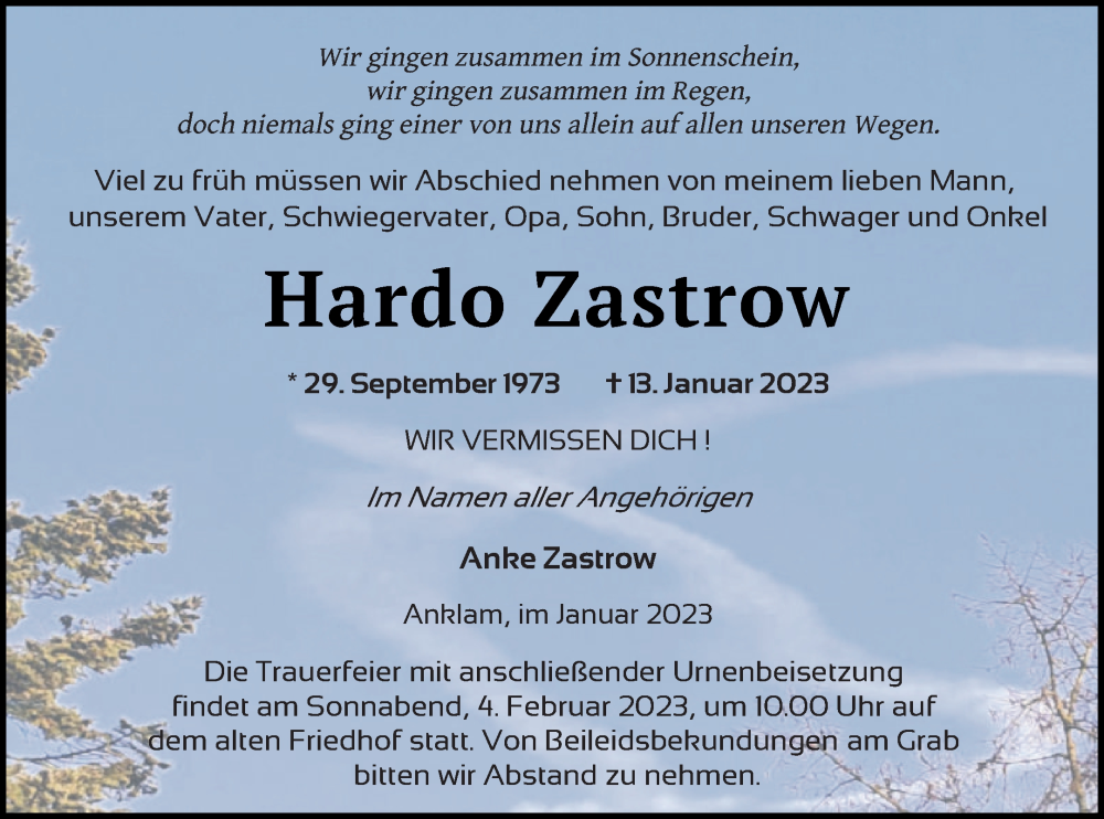  Traueranzeige für Hardo Zastrow vom 21.01.2023 aus Vorpommern Kurier