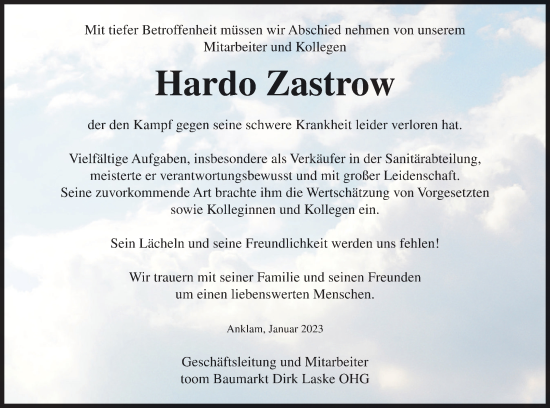 Traueranzeige von Hardo Zastrow von Vorpommern Kurier