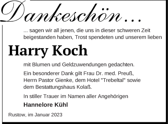 Traueranzeige von Harry Koch von Vorpommern Kurier