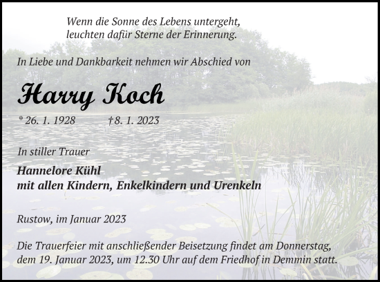 Traueranzeige von Harry Koch von Vorpommern Kurier