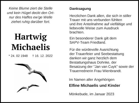 Traueranzeige von Hartwig Michaelis von Haff-Zeitung