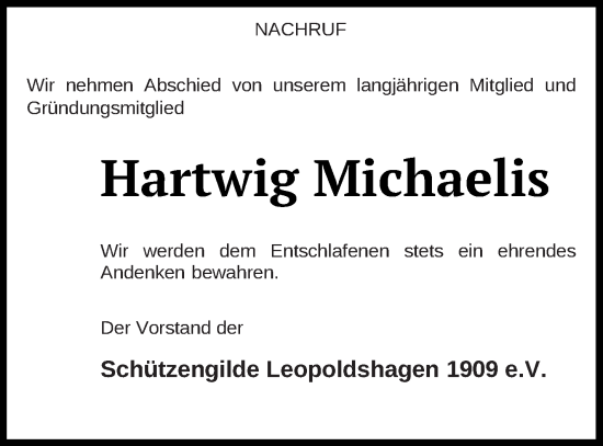 Traueranzeige von Hartwig Michaelis von Haff-Zeitung