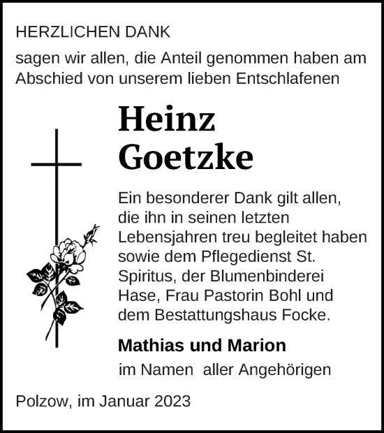 Traueranzeige von Heinz Goetzke von Pasewalker Zeitung