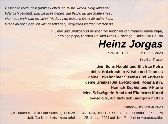 Traueranzeige von Heinz Jorgas von Pasewalker Zeitung