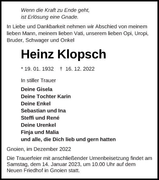 Traueranzeige von Heinz Klopsch von Mecklenburger Schweiz