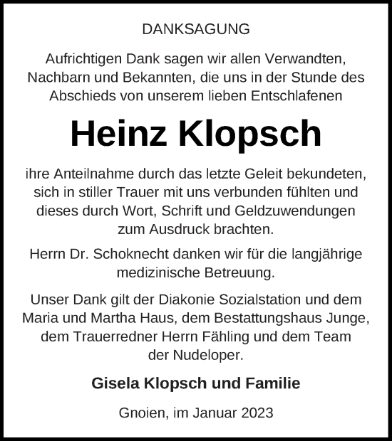 Traueranzeige von Heinz Klopsch von Mecklenburger Schweiz