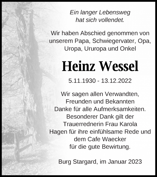 Traueranzeige von Heinz Wessel von Neubrandenburger Zeitung