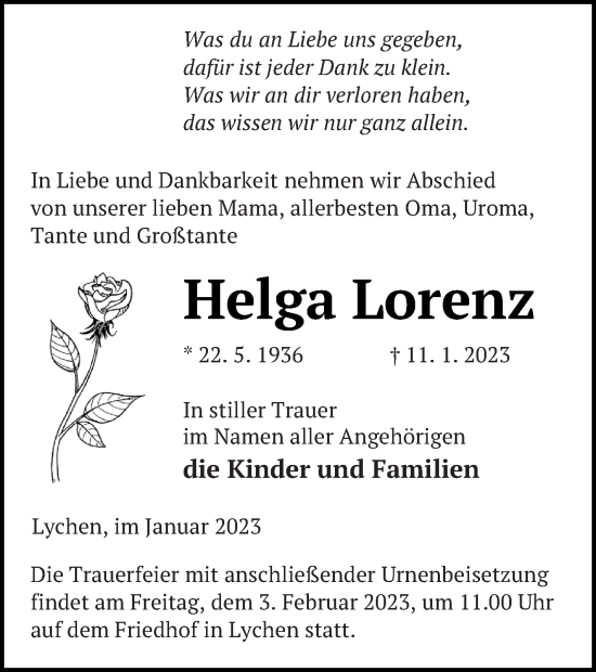 Traueranzeige von Helga Lorenz von Templiner Zeitung