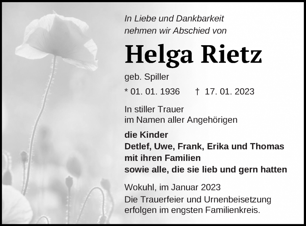  Traueranzeige für Helga Rietz vom 24.01.2023 aus Strelitzer Zeitung