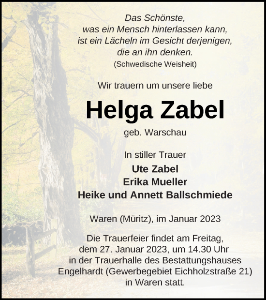 Traueranzeige von Helga Zabel von Müritz-Zeitung