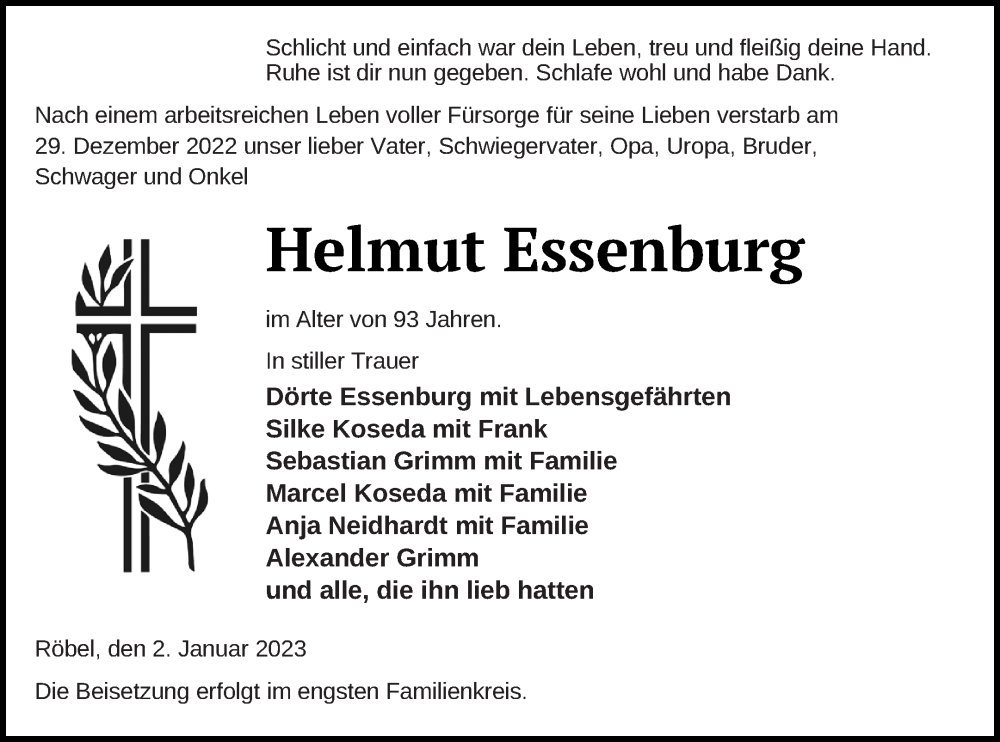  Traueranzeige für Helmut Essenburg vom 06.01.2023 aus Müritz-Zeitung