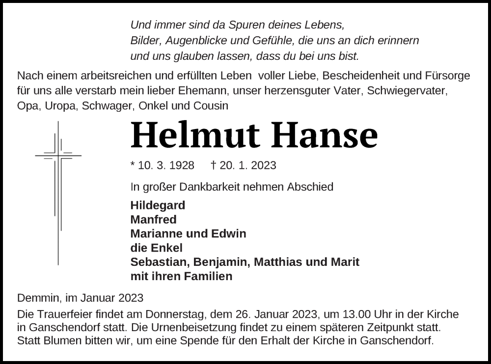  Traueranzeige für Helmut Hanse vom 24.01.2023 aus Demminer Zeitung