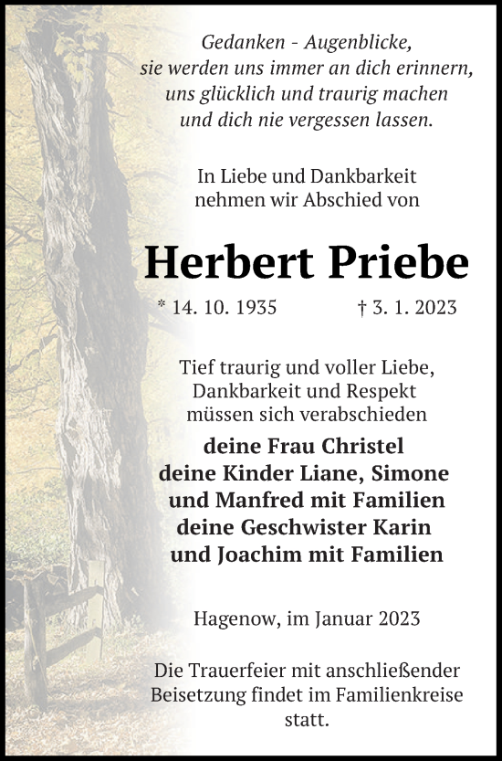 Traueranzeige von Herbert Priebe von Pasewalker Zeitung