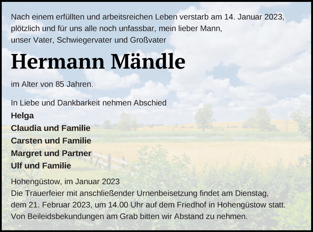  Traueranzeige für Hermann Mändle vom 21.01.2023 aus Prenzlauer Zeitung