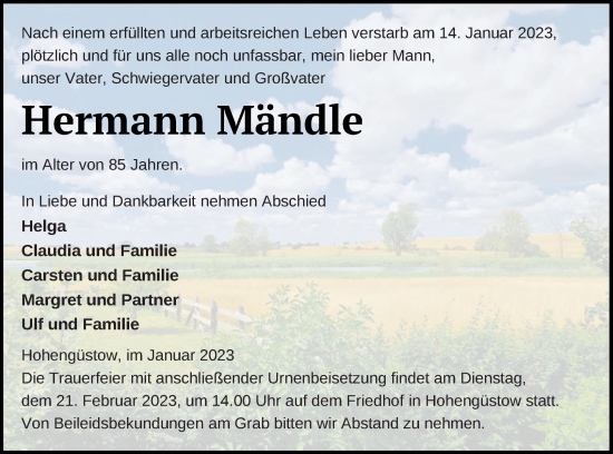 Traueranzeige von Hermann Mändle von Prenzlauer Zeitung