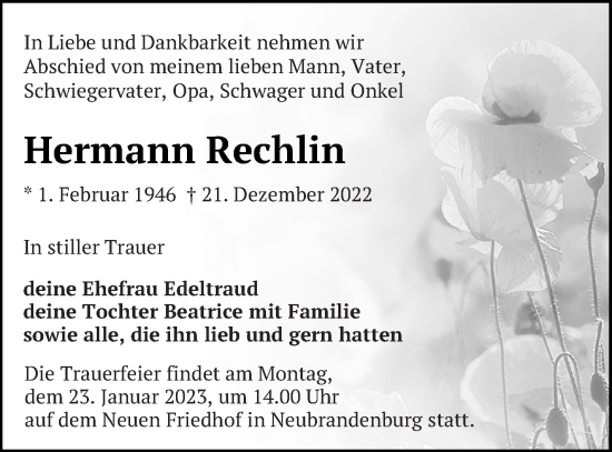 Traueranzeige von Hermann Rechlin von Neubrandenburger Zeitung