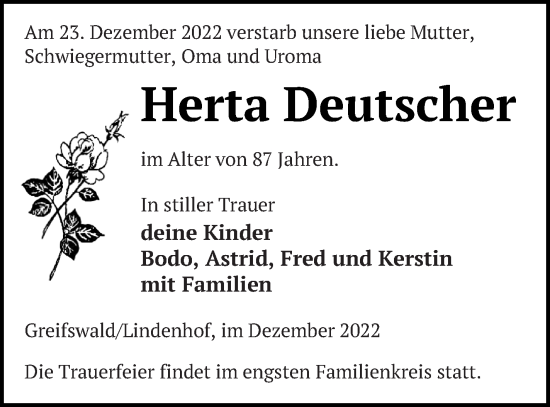 Traueranzeige von Herta Deutscher von Demminer Zeitung