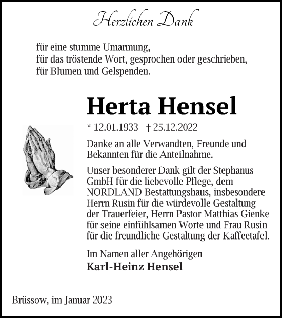 Traueranzeige von Herta Hensel von Prenzlauer Zeitung