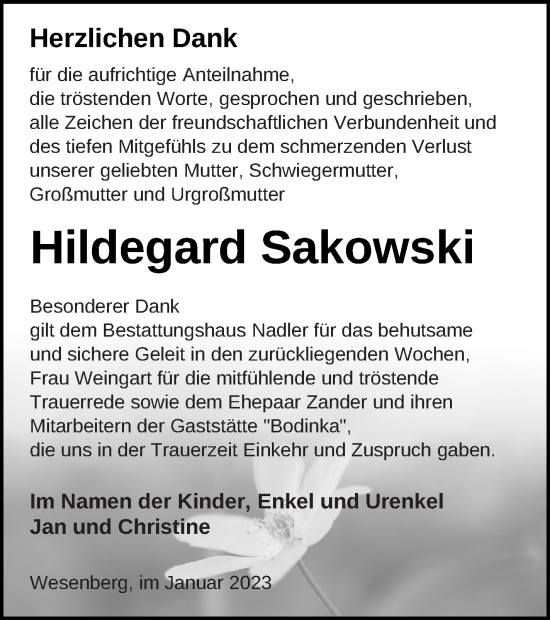 Traueranzeige von Hildegard Sakowski von Neubrandenburger Zeitung