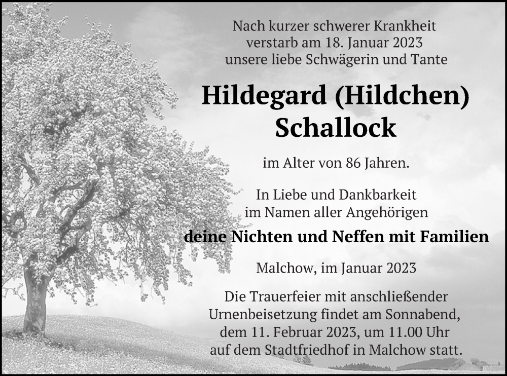  Traueranzeige für Hildegard Schallock vom 21.01.2023 aus Haff-Zeitung