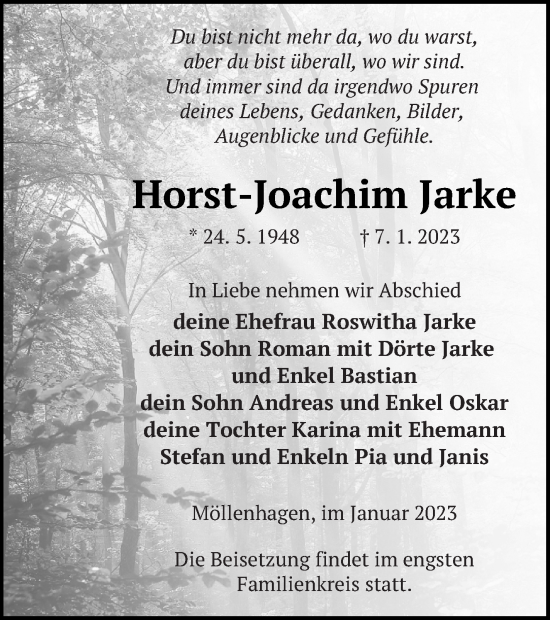 Traueranzeige von Horst-Joachim Jarke von Müritz-Zeitung