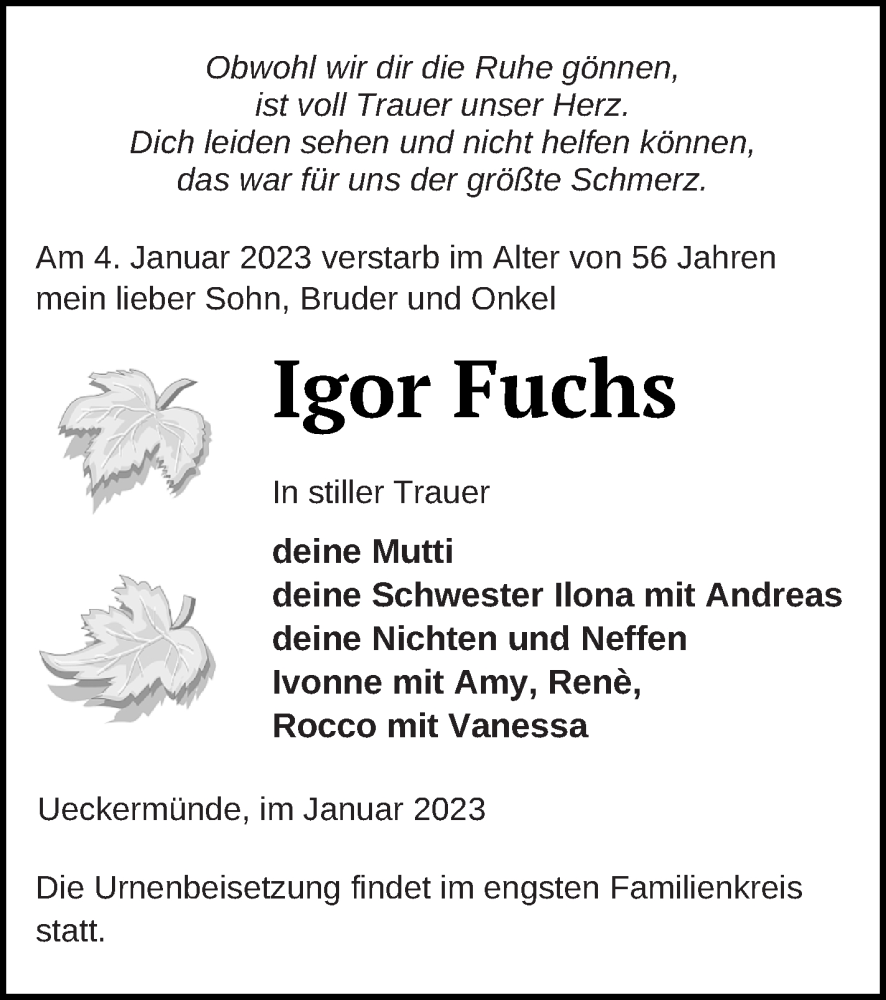  Traueranzeige für Igor Fuchs vom 13.01.2023 aus Haff-Zeitung