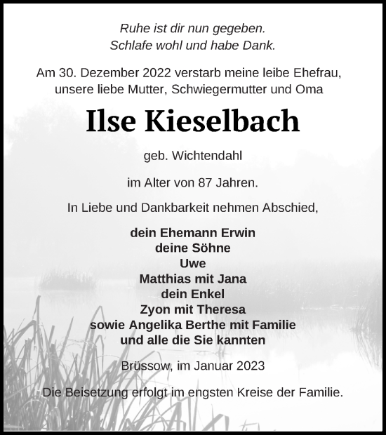 Traueranzeige von Ilse Kieselbach von Prenzlauer Zeitung