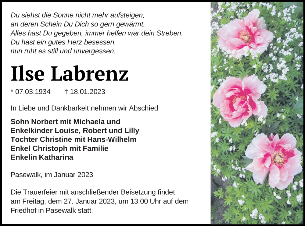  Traueranzeige für Ilse Labrenz vom 24.01.2023 aus Pasewalker Zeitung