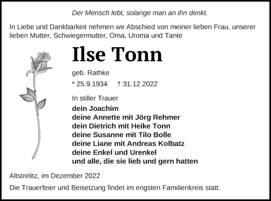 Traueranzeige von Ilse Tonn von Strelitzer Zeitung