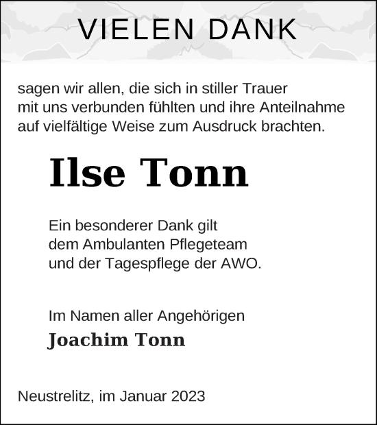 Traueranzeige von Ilse Tonn von Strelitzer Zeitung