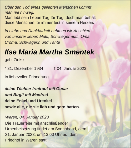 Traueranzeige von Ilse Maria Martha Smentek von Müritz-Zeitung