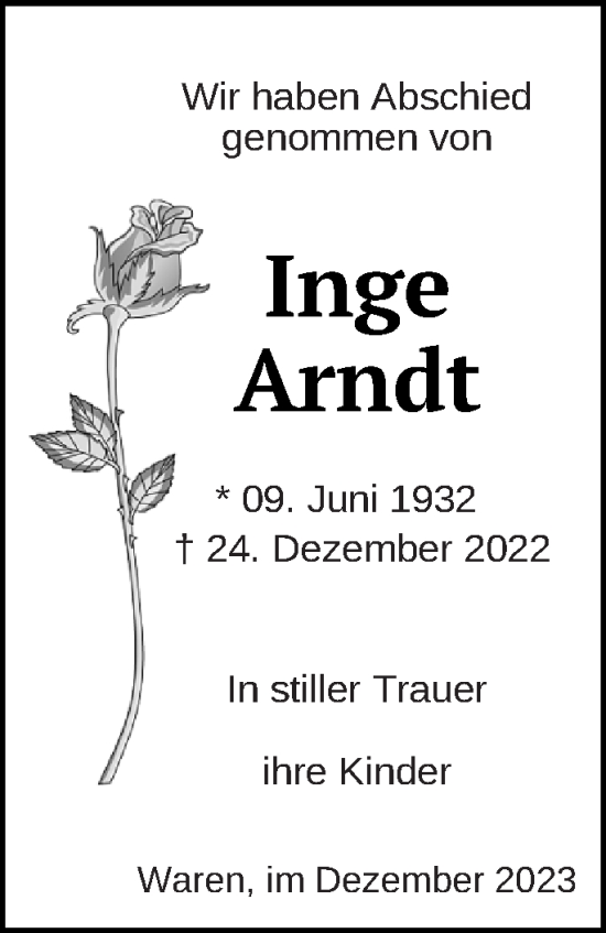 Traueranzeige von Inge Arndt von Müritz-Zeitung