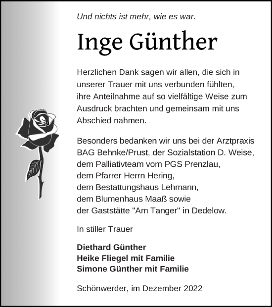 Traueranzeige von Inge Günther von Prenzlauer Zeitung