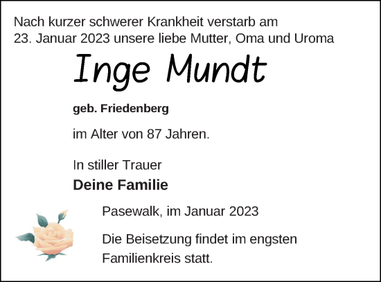 Traueranzeige von Inge Mundt von Pasewalker Zeitung