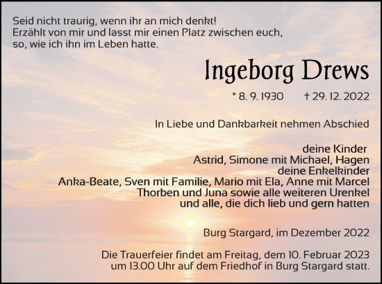 Traueranzeige von Ingeborg Drews von Neubrandenburger Zeitung