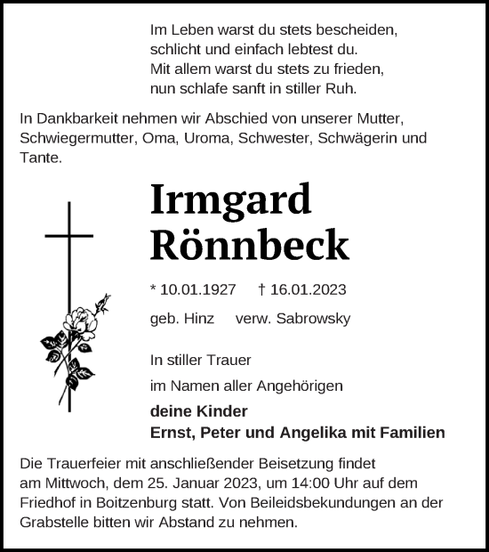 Traueranzeige von Irmgard Rönnbeck von Templiner Zeitung