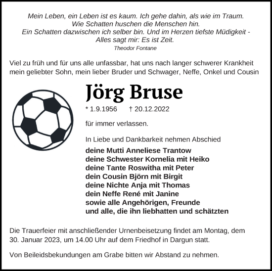 Traueranzeige von Jörg Bruse von Mecklenburger Schweiz