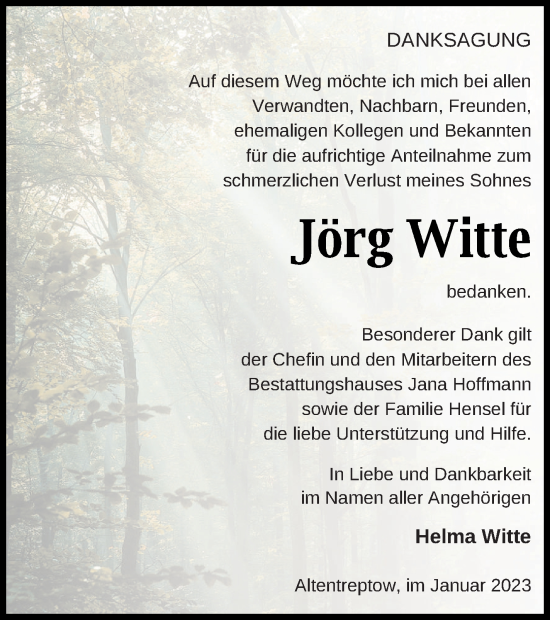 Traueranzeige von Jörg Witte von Neubrandenburger Zeitung