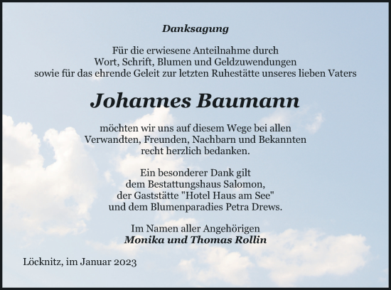 Traueranzeige von Johannes Baumann von Pasewalker Zeitung